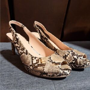 Kelly & Katie Snake-Print Peep Toe Slingback Heels in Beige and Black